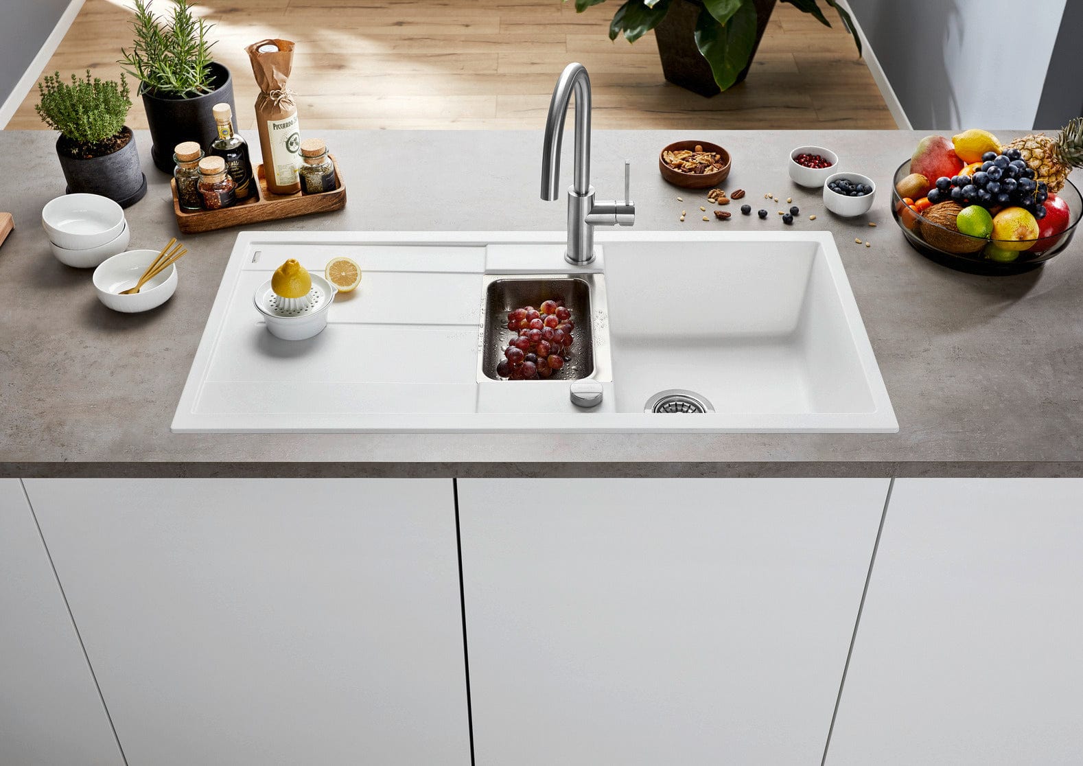Blanco Kitchen Sinks - Granite Blanco Silgranit Metra 6 S Double Sink with Drainer | White