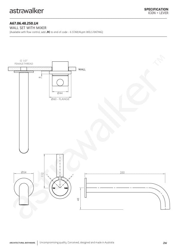 Astra Walker Basin Taps Astra Walker Icon + Lever Wall Mixer Set with 250mm Spout