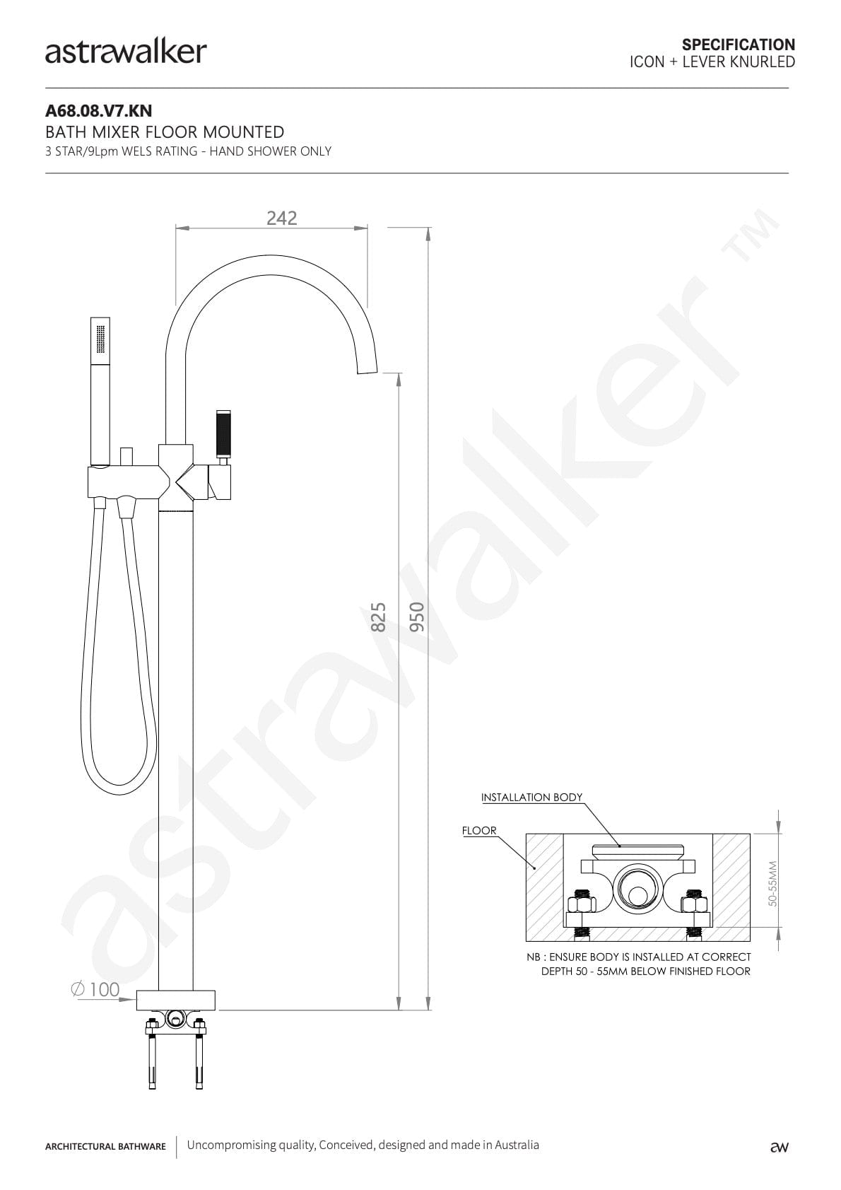 Astra Walker Bath Taps Astra Walker Knurled Icon + Lever Gooseneck Floor Mounted Bath Mixer with Single Function Hand Shower