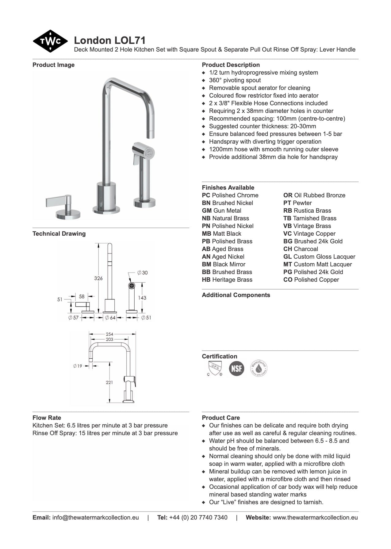 The Watermark Collection Kitchen Taps Polished Chrome The Watermark Collection London 2 Hole Kitchen Set with Square Spout & Seperate Pull Out Rinse Spray | Lever Handle