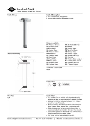 The Watermark Collection Showers Polished Chrome The Watermark Collection London Ceiling Mounted Shower Arm 140mm