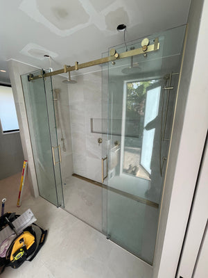 Crest Sereno Exposed Sliding Glass Shower Door Screen | Brushed Brass