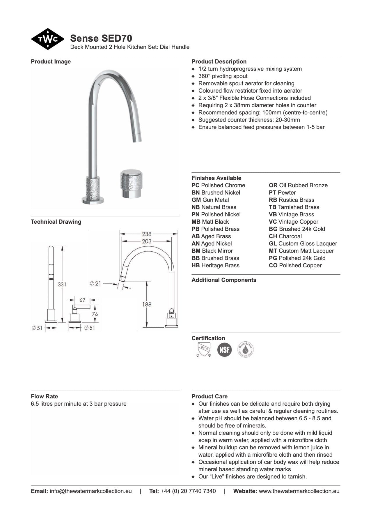 The Watermark Collection Kitchen Taps Polished Chrome The Watermark Collection Sense 2 Hole Kitchen Set | Dial Handle