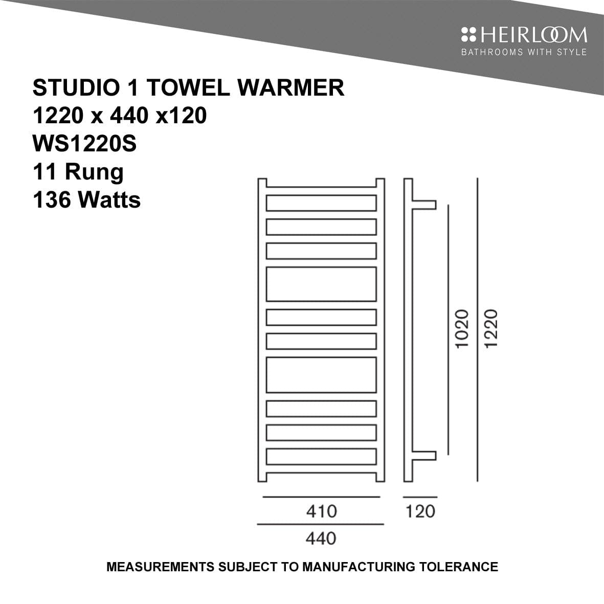 Heirloom Heated Towel Rail Heirloom Studio 1 1220 Slimline Heated Towel Ladder | Black