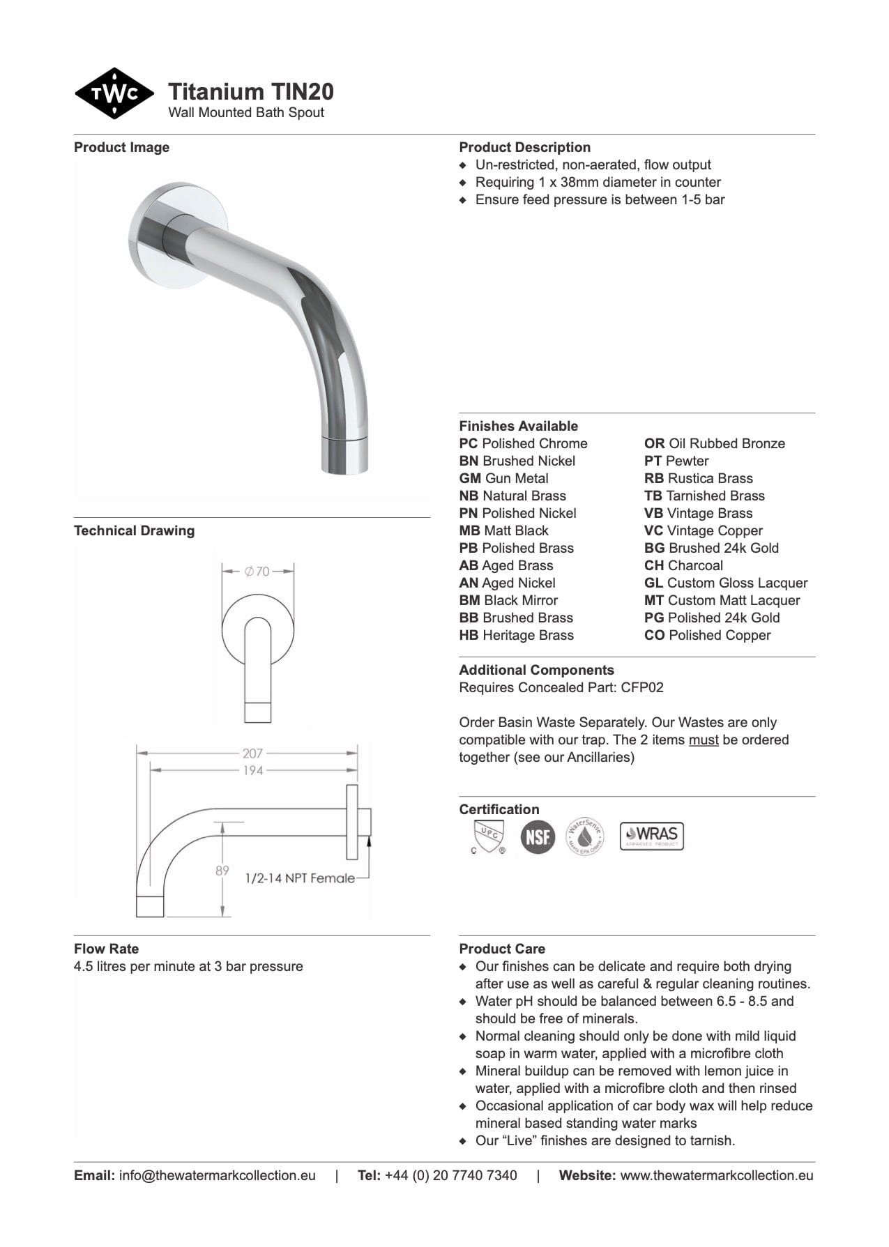 The Watermark Collection Spouts Polished Chrome The Watermark Collection Titanium Wall Mounted Bath Spout