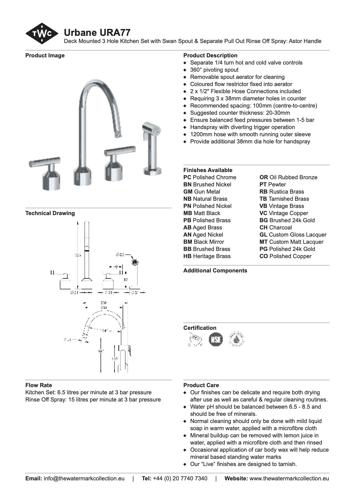 The Watermark Collection Kitchen Taps Polished Chrome The Watermark Collection Urbane 3 Hole Kitchen Set with Swan Spout & Separate Pull Out Rinse Spray | Astor Handle