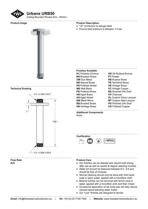 The Watermark Collection Showers Polished Chrome The Watermark Collection Urbane Ceiling Mounted Shower Arm 140mm