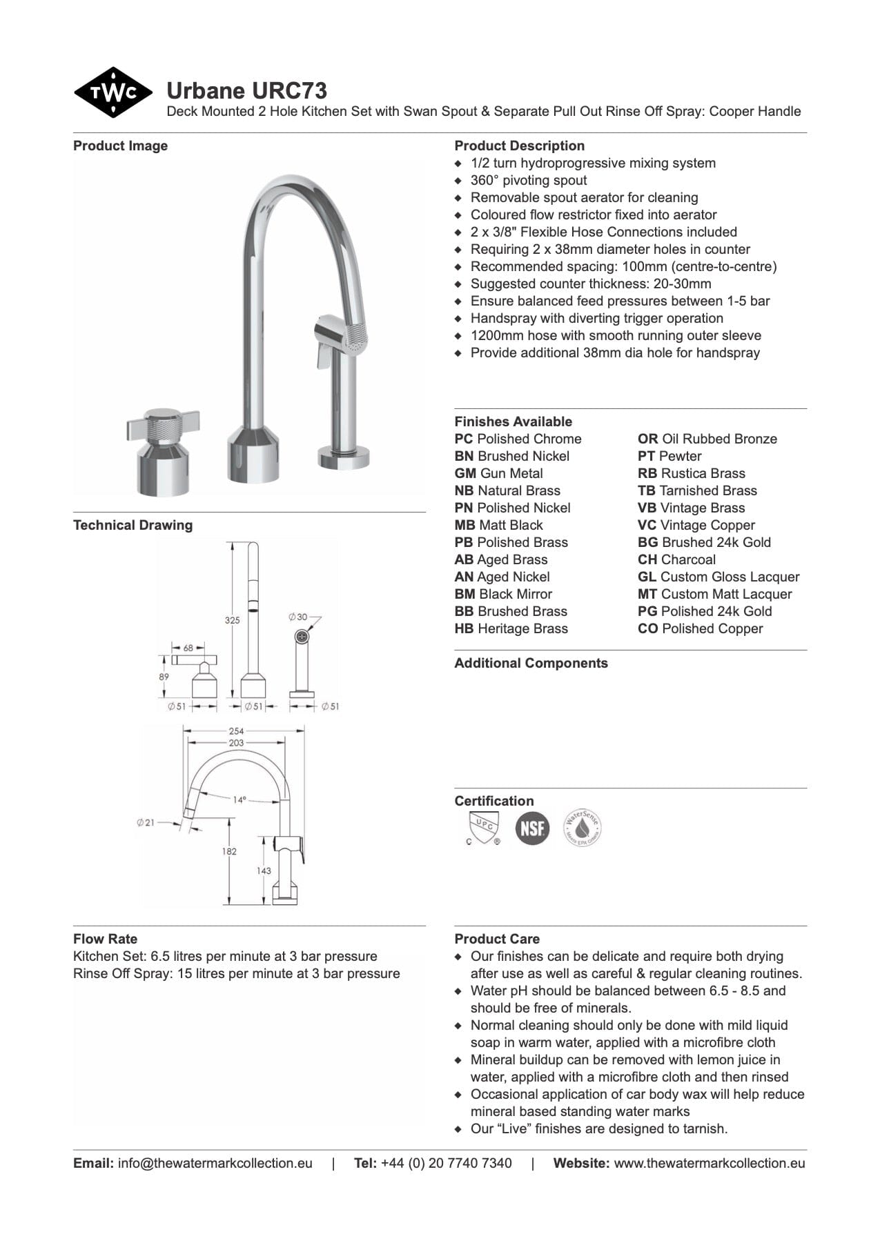 The Watermark Collection Kitchen Taps Polished Chrome The Watermark Collection Urbane 2 Hole Kitchen Set with Swan Spout & Separate Pull Out Rinse Spray | Cooper Handle