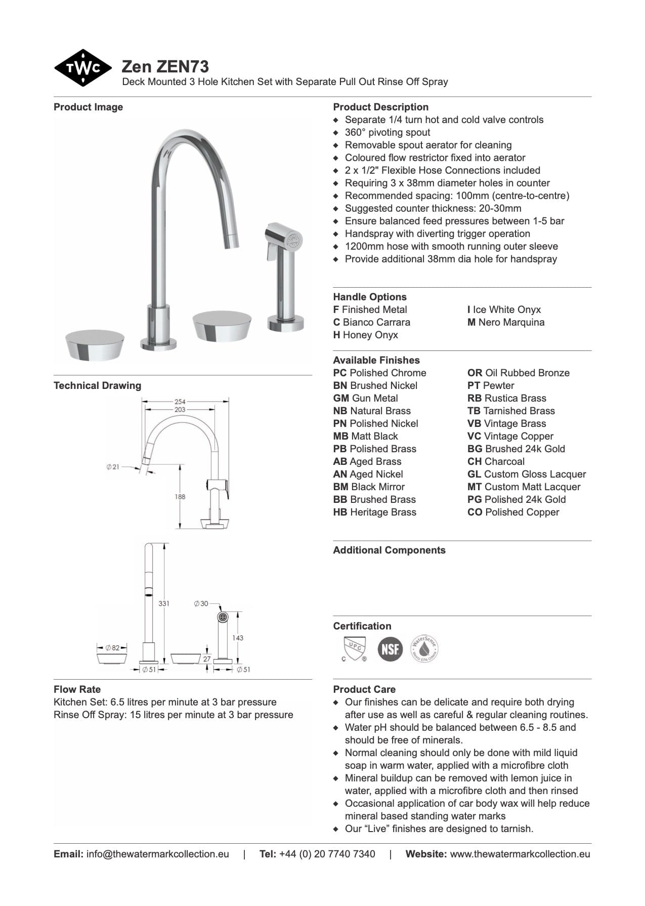 The Watermark Collection Kitchen Taps The Watermark Collection Zen 3 Hole Kitchen Set with Seperate Pull Out Rinse Spray