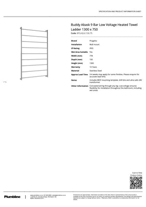 Buddy Abask 9 Bar Heated Towel Ladder Low Voltage | 1300 x 750mm