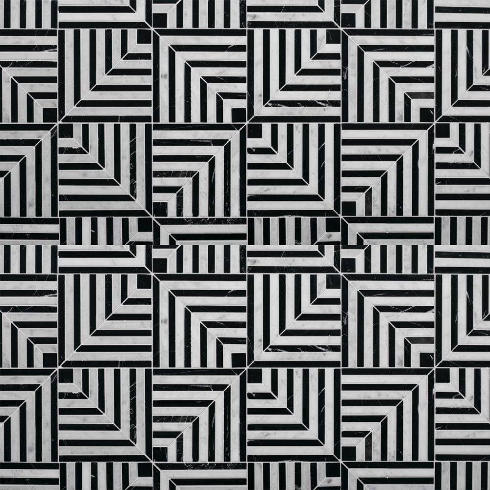 Labyrinth Marble Mosaic Tiles | Gravity Carrara & Nero Marquinia