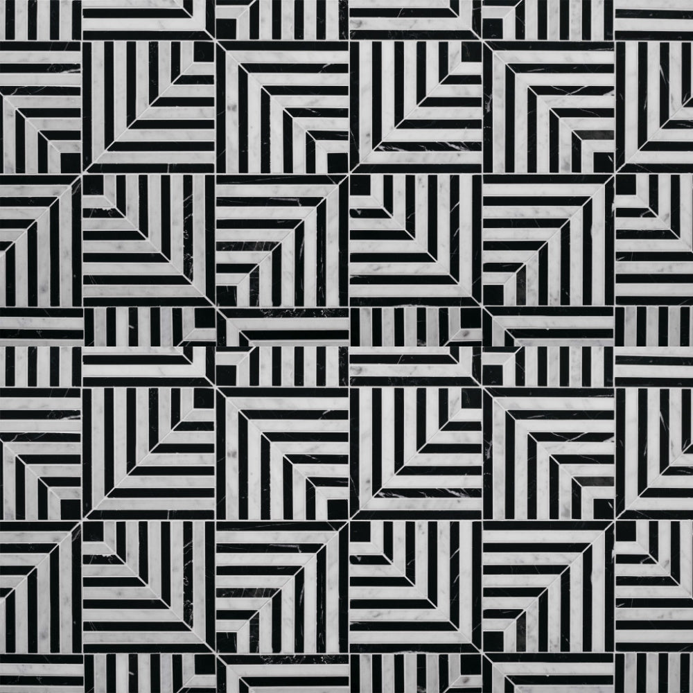 Labyrinth Marble Mosaic Tiles | Gravity Carrara & Nero Marquinia