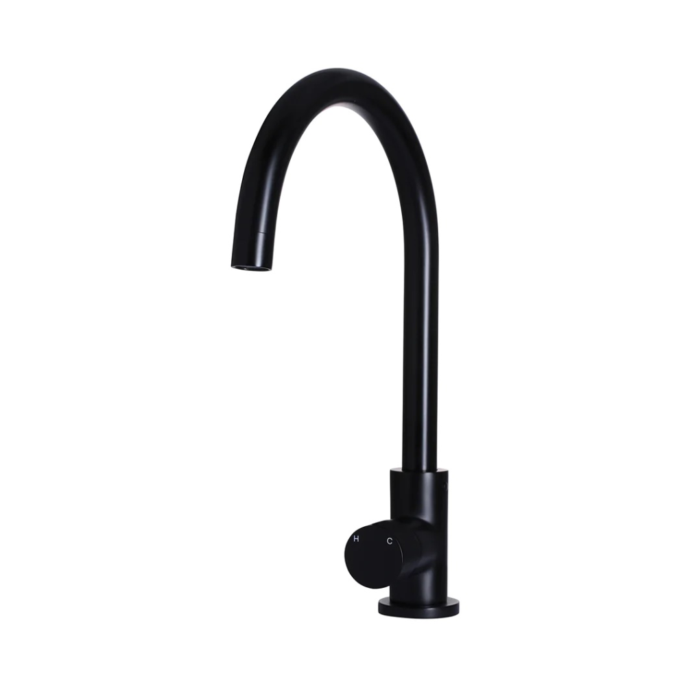 Meir Round Gooseneck Kitchen Mixer Tap With Pinless Handle | Matte Black