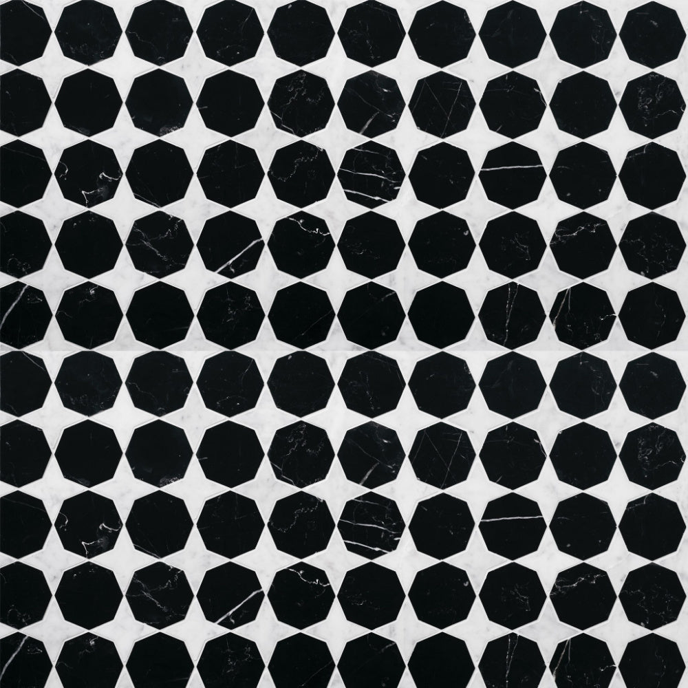Labyrinth Marble Mosaic Tiles | Transition Carrara & Nero Marquinia