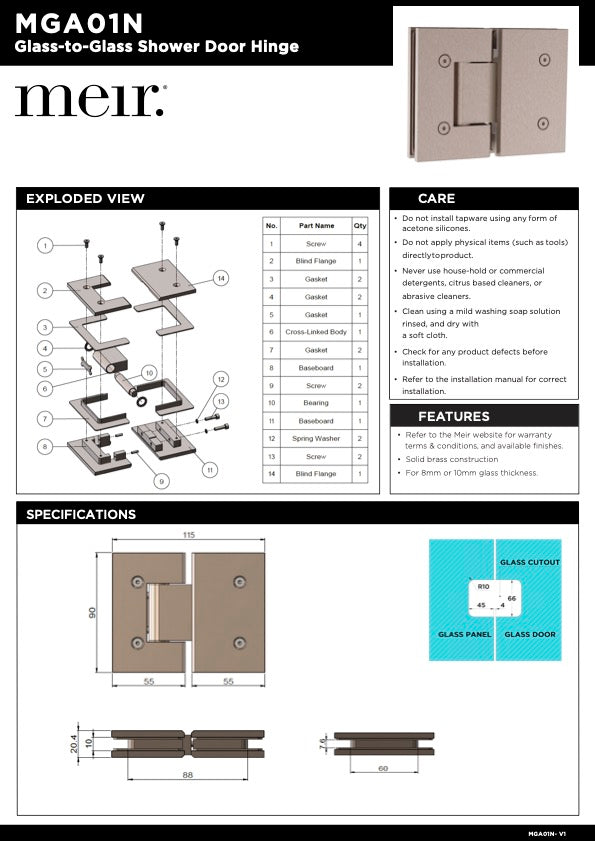 Meir Glass To Glass Shower Door Hinge | Lustre Bronze