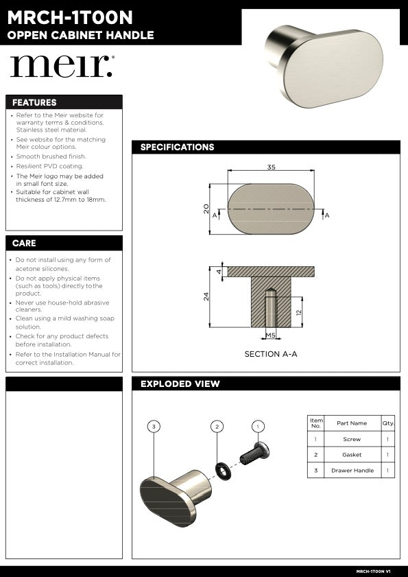 Meir Öppen T-pull Cabinet Handle | Brushed Nickel