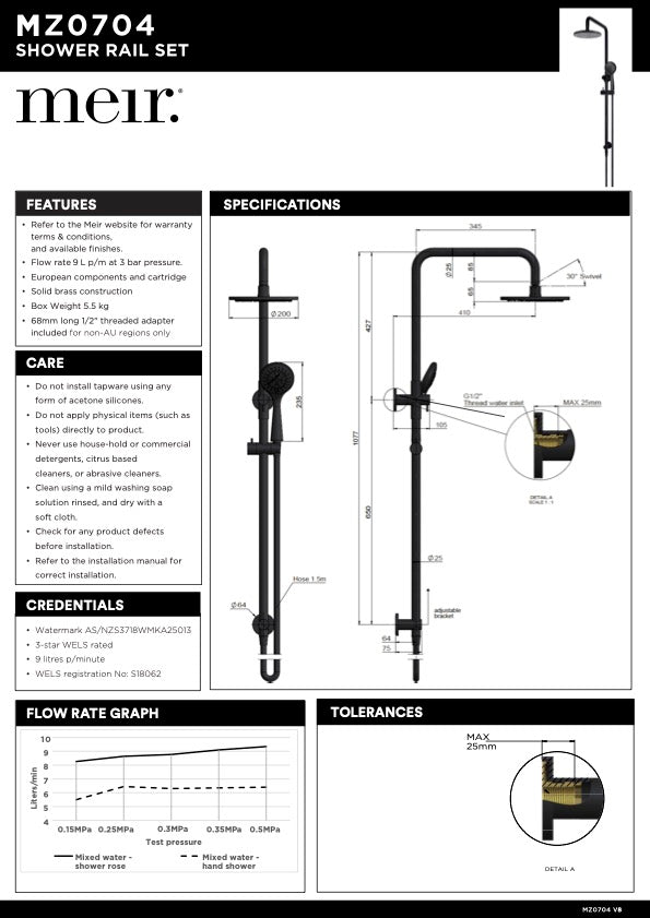 Meir Round Combination Shower Rail with 200mm Rose & Multi Function Hand Shower | Tiger Bronze
