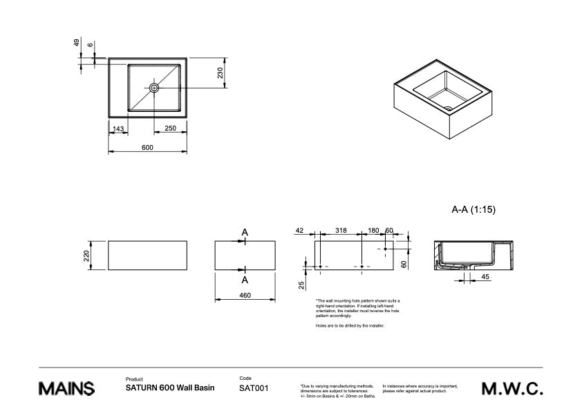 Mains Water Co. | Saturn 600 Wall Basin