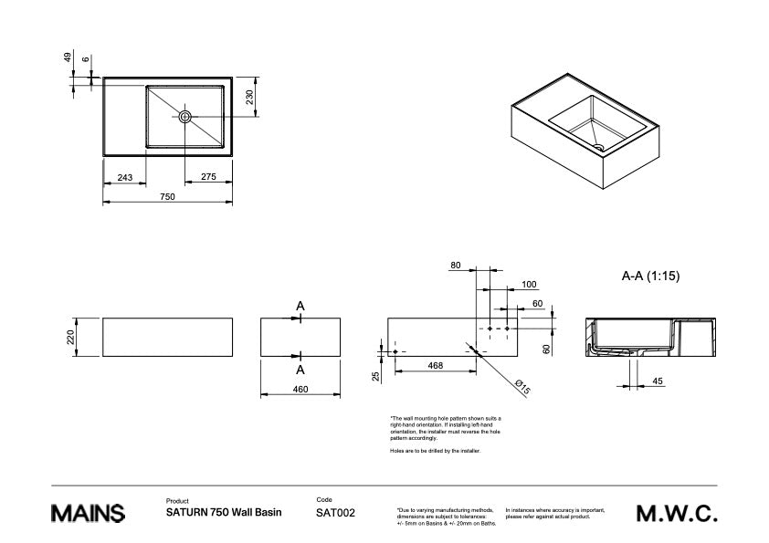 Mains Water Co. | Saturn 750 Wall Basin