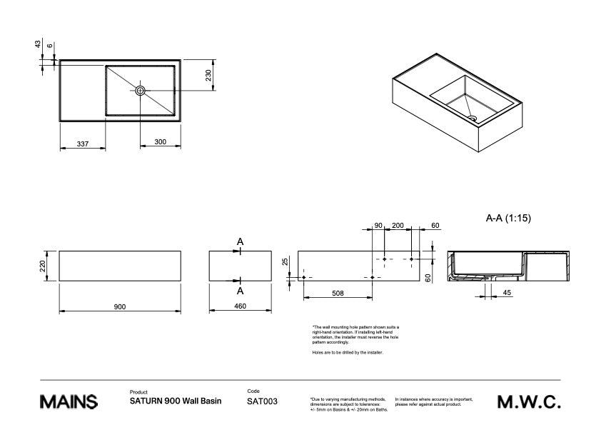 Mains Water Co. | Saturn 900 Wall Basin