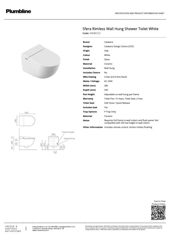 Sfera Rimless Wall Hung Shower Toilet | White