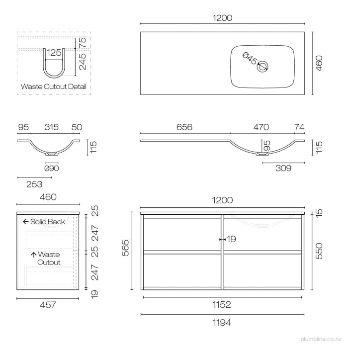 Alma Spio 1200 4 Drawer Vanity Right Basin