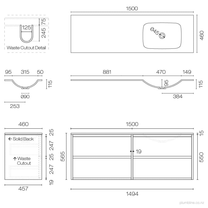 Alma Spio 1500 4 Drawer Vanity Right Basin