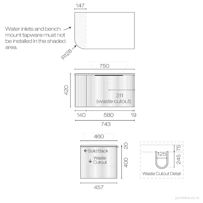 Ava Curve Opaco 750 Right Corner 1 Drawer Vanity