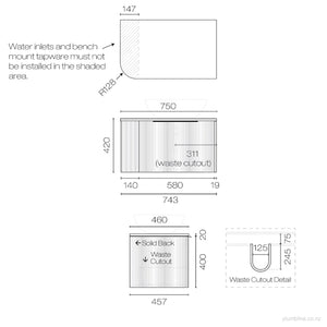 Ava Curve Opaco 750 Right Corner 1 Drawer Vanity