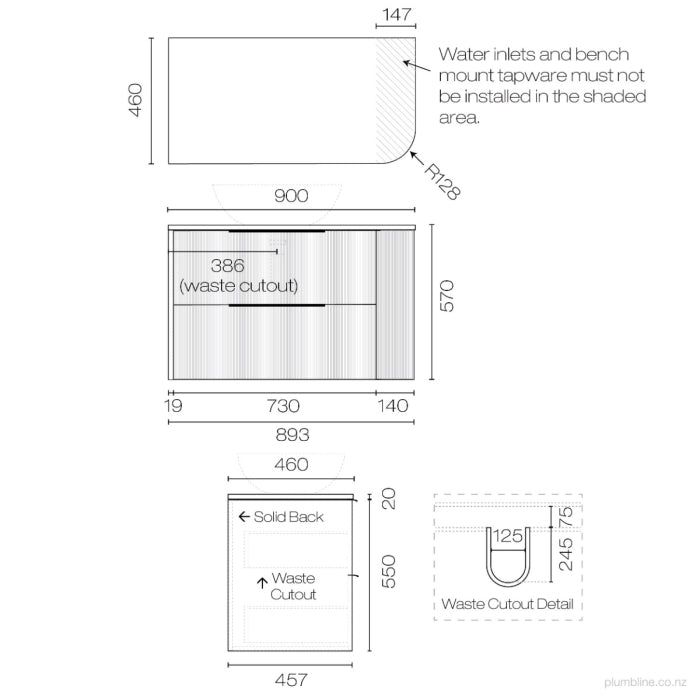 Ava Curve Opaco 900 Left Corner 2 Drawer Vanity