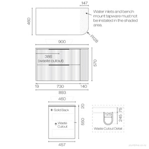 Ava Curve Opaco 900 Left Corner 2 Drawer Vanity