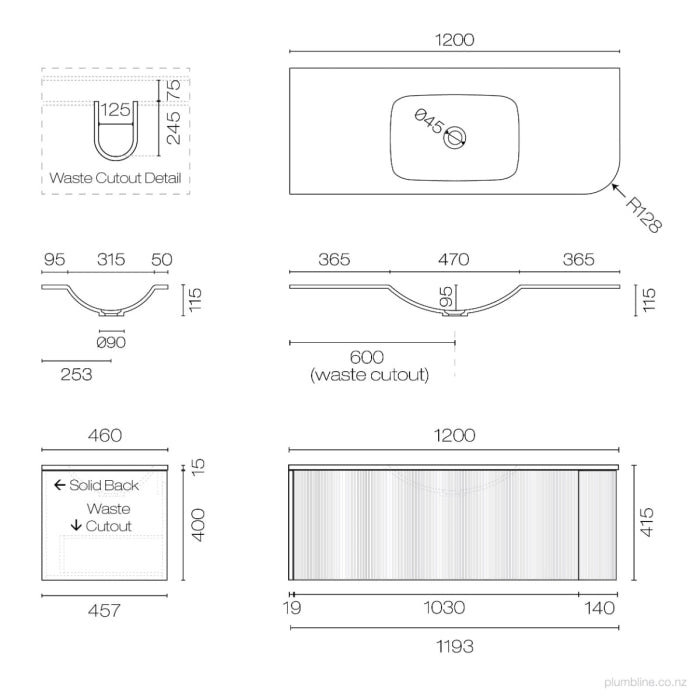 Ava Curve Spio 1200 Left Corner 1 Drawer Vanity