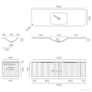 Ava Curve Spio 1500 2 Drawer Vanity Centre Basin