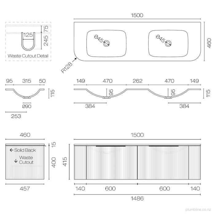 Ava Curve Spio 1500 2 Drawer Vanity Double Basin