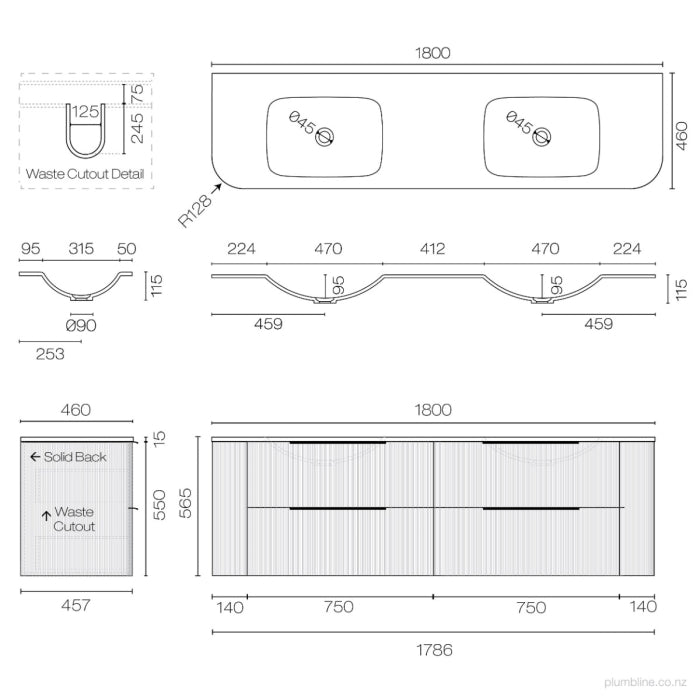 Ava Curve Spio 1800 4 Drawer Vanity Double Basin