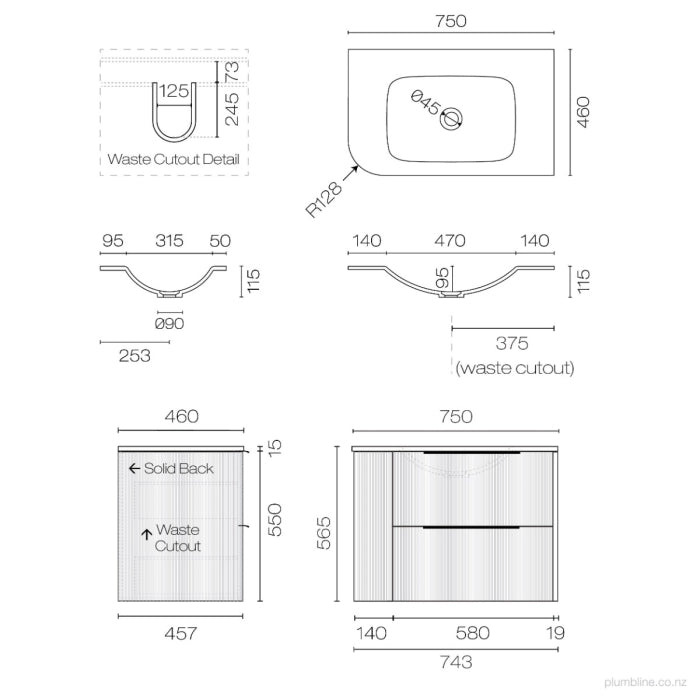 Ava Curve Spio 750 Right Corner 2 Drawer Vanity
