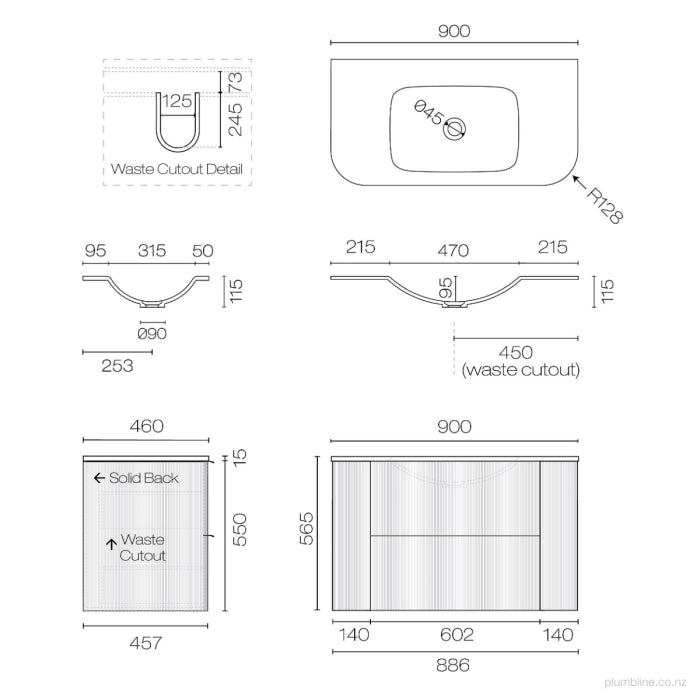 Ava Curve Spio 900 Drawer Vanity