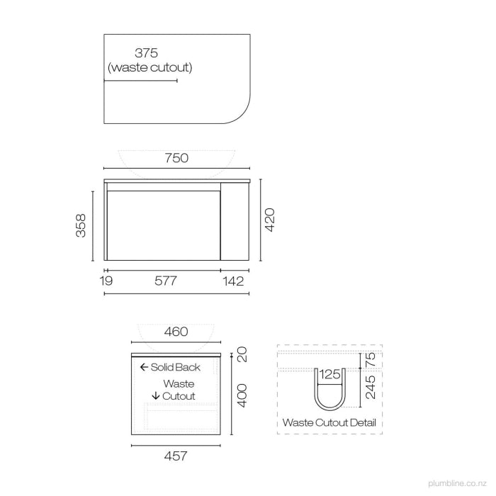 Stanza Curve Opaco 750 Left Corner 2 Drawer Vanity