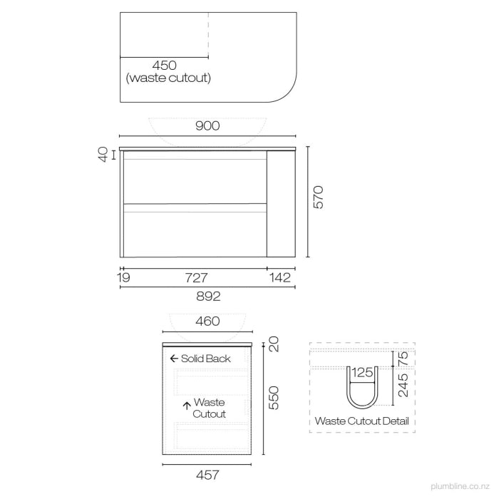 Stanza Curve Opaco 900 Left Corner 2 Drawer Vanity