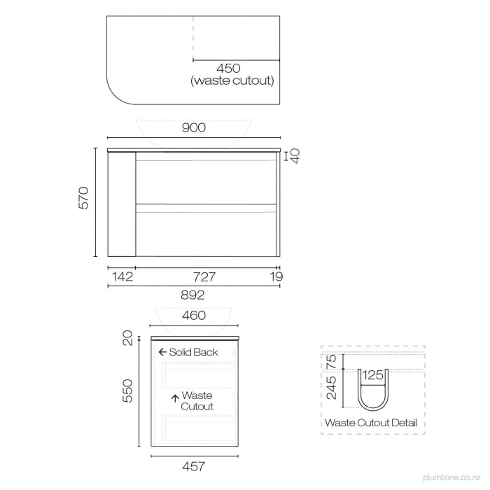 Stanza Curve Opaco 900 Right Corner 2 Drawer Vanity