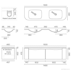 Stanza Curve Spio 1500 2 Drawer Vanity Double Basin