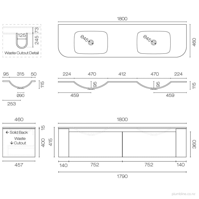 Stanza Curve Spio 1800 2 Drawer Double Vanity