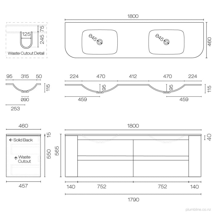 Stanza Curve Spio 1800 4 Drawer Double Vanity