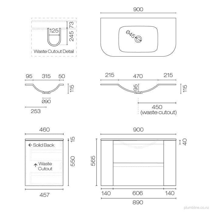 Stanza Curve Spio 900 2 Drawer Vanity