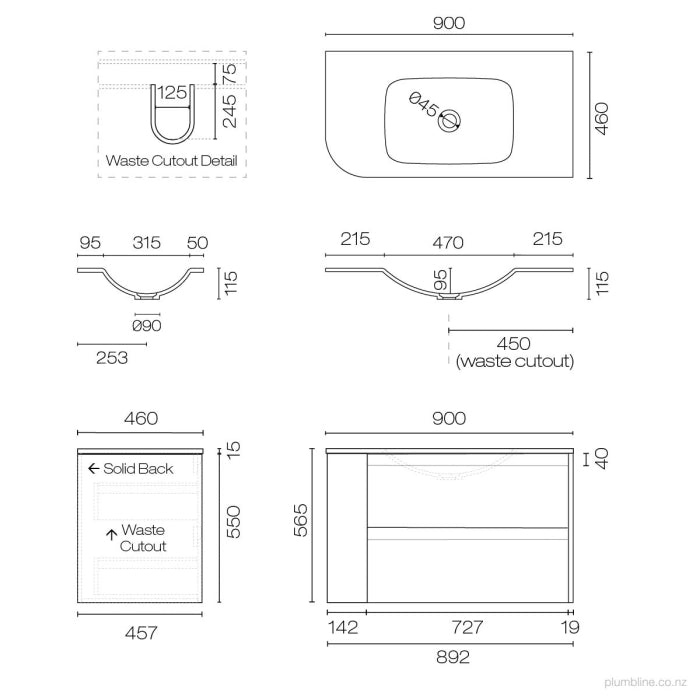 Stanza Curve Spio 900 Right Corner 2 Drawer Vanity