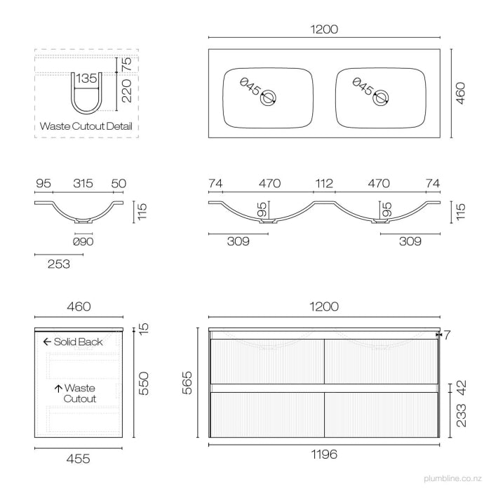 Strata Spio 1200 4 Drawer Vanity Double Basin