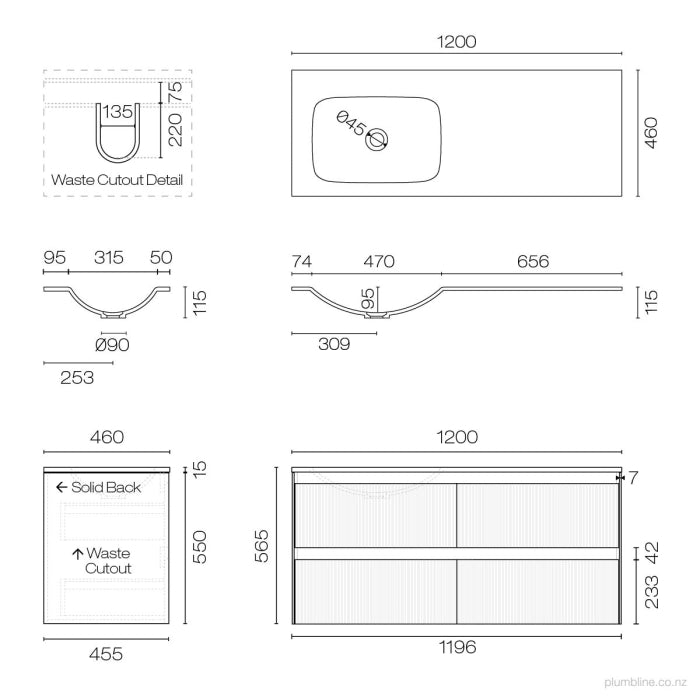 Strata Spio 1200 4 Drawer Vanity Left Basin