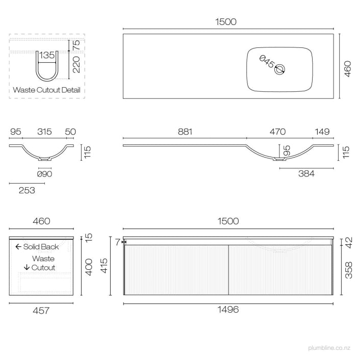 Strata Spio 1500 2 Drawer Vanity Right Basin