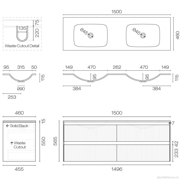 Strata Spio 1500 4 Drawer Vanity Double Basin