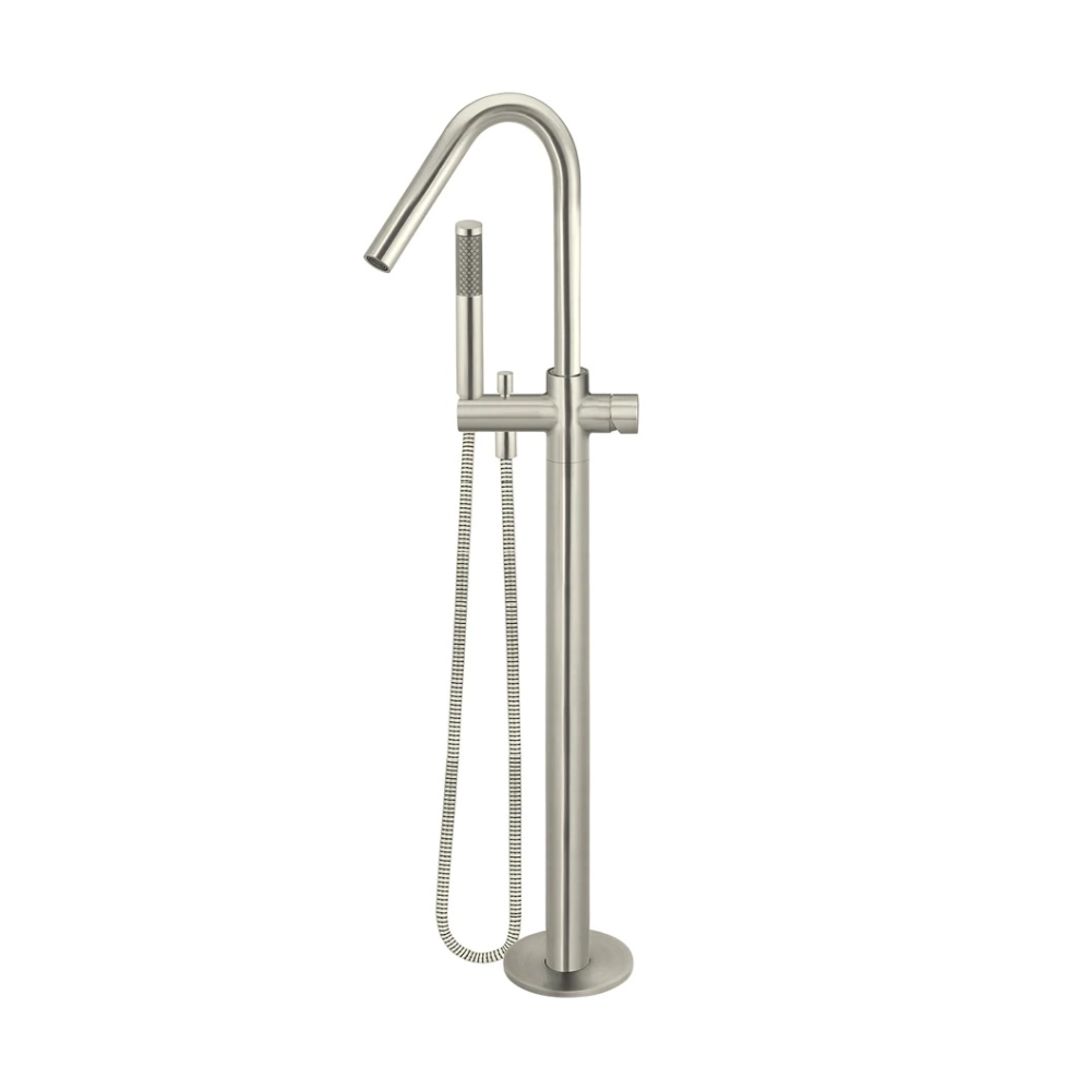 Meir Round Pinless Freestanding Bath Spout and Hand Shower | Brushed Nickel